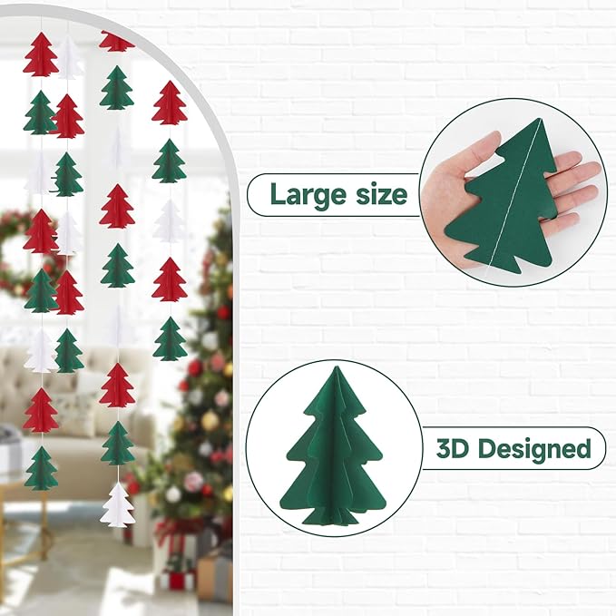GCQQ 3D Paper Christmas Tree Garlands - 2 Packs Red White Green Hanging Streamer Decorations Garland for Christmas New Year Holiday Party Office Classroom Wall Indoor Outdoor Decoration Banner