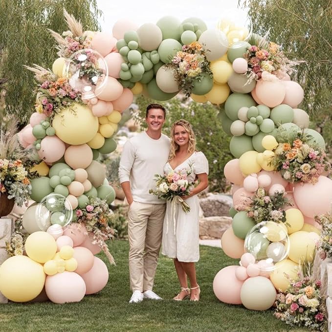 Pink Green Yellow Balloon Arch Kit, Double Stuffed Sage Green Pastel Pink Yellow White Sand Balloon Garland Beige Cream Balloons for Baby Shower Birthday Wedding Easter Fairy Flower Tea Party Decor
