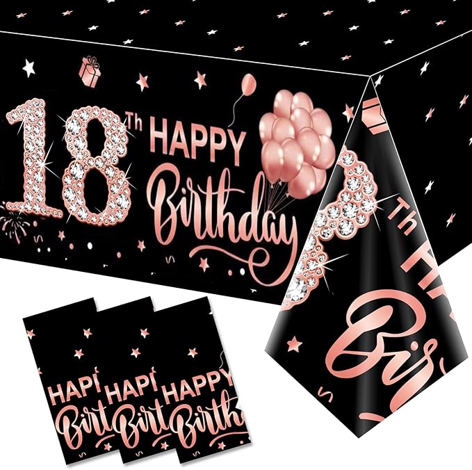 3 Pack 18th Birthday Tablecloth Decorations, Rose Gold Happy Eighteen Theme Table Cover, Plastic Disposable Rectangular Table Cloth Decor