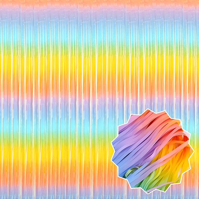 6 Pack Light Rainbow Foil Fringe Curtains Backdrop, 3.28 x 9.8 Ft Metallic Streamers Tinsel Curtains Background for Photo Booth, Birthday, Halloween, Christmas, New Year Party Decorations