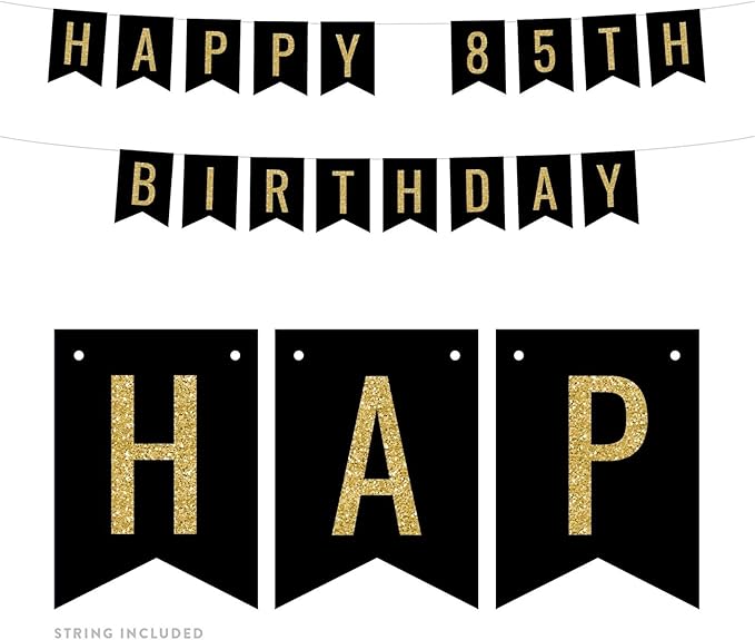 Andaz Press Faux Gold Glitter on Black Birthday Party Banner Decorations, Happy 85th Birthday, Approx 5-Feet, 1-Set, Milestone Colored Hanging Pennant Decor