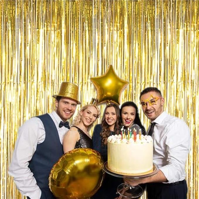 2 Pcs 3.2ft x 8.2ft Shiny Gold Metallic Tinsel Foil Fringe Curtains Photo Booth Backdrop for Birthday Wedding Holiday Celebration Bachelorette Party Decorations