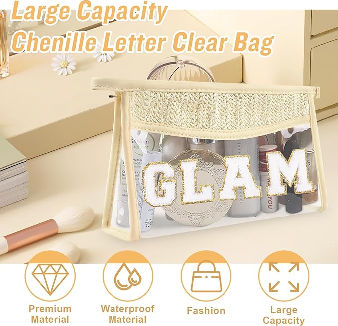 Iqimott Clear Patch Makeup Bag, Boho Preppy Chenille Letter Cosmetic Bag, Waterproof Zipper Make up Bag Toiletry Pouch for Women Girls, Clear Transparent Organizer Pouch for Travel