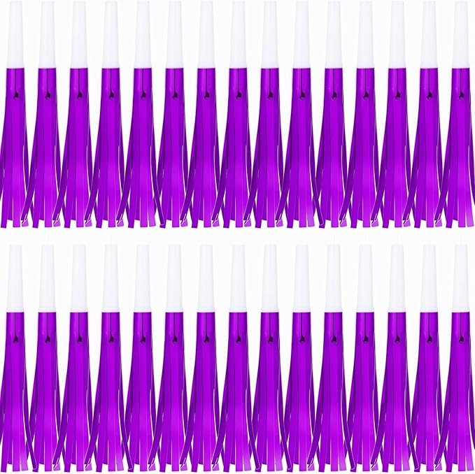 Noise Makers Party Horns, 30 Pack, Purple Metallic Glitter with Fringe, for Birthday, Wedding, New Year