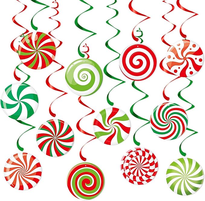 Christmas Candy Party-Decorations Garland Banners - 12Pcs Green Red White Streamers Hanging Swirl,Baby Shower Birthday Wedding Ornaments Classroom Supplies Decor Hugtmr