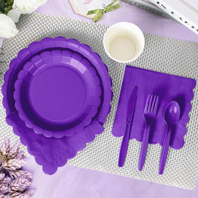 Vyntra 175 Pcs Deep Purple Disposable Paper Plates and Napkins Set for 25, 9" Dinner Plates & 7" Dessert Plates, Tableware for Birthday, Graduation, Party