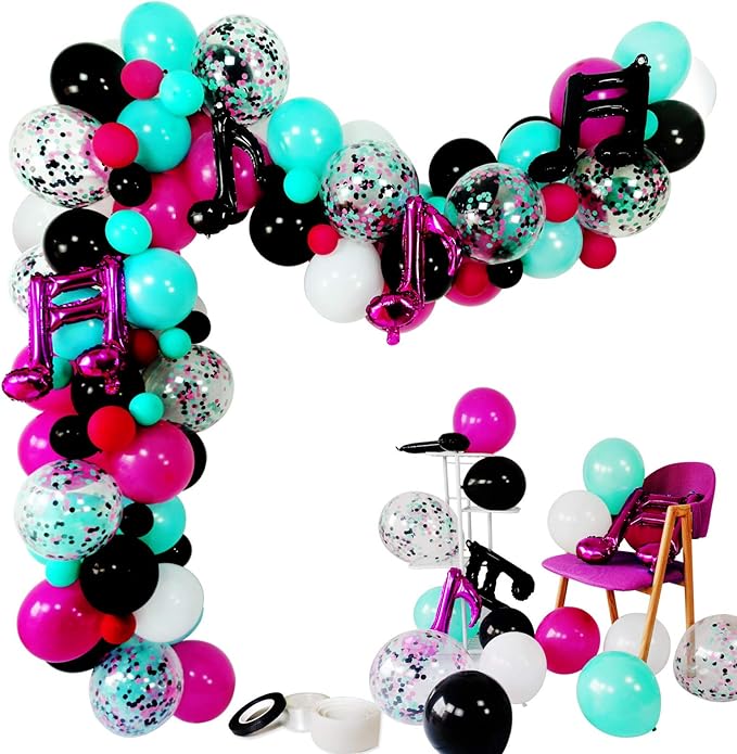 Music Notes Party Decorations, Karaoke Balloon Garland & Arch Kit, White, Rose Red, Seafoam Blue, Black Latex Balloons Confetti Balloon Musical Note Foil Balloon Strip Set for Birthday Party Supplies