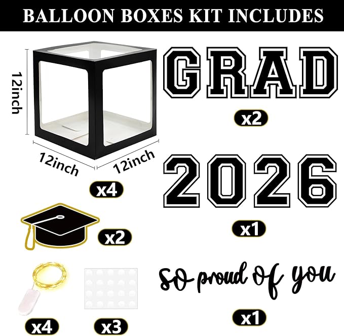 DAZONGE 2026 Graduation Decorations Black and Gold - Set of 4 Grad Boxes with 139pcs Balloon Arch Garland Kit & 4 Light Strings - So Proud of You 2026 Graduation Party Decorations for Any Grades