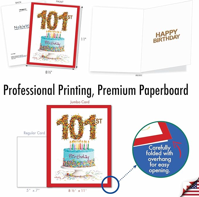 NobleWorks - Jumbo 101th Milestone Birthday Paper Card 8.5 x 11 Inch with Envelope (1 Pack) Oversize Jumbo Big Day 101 J2764MBG