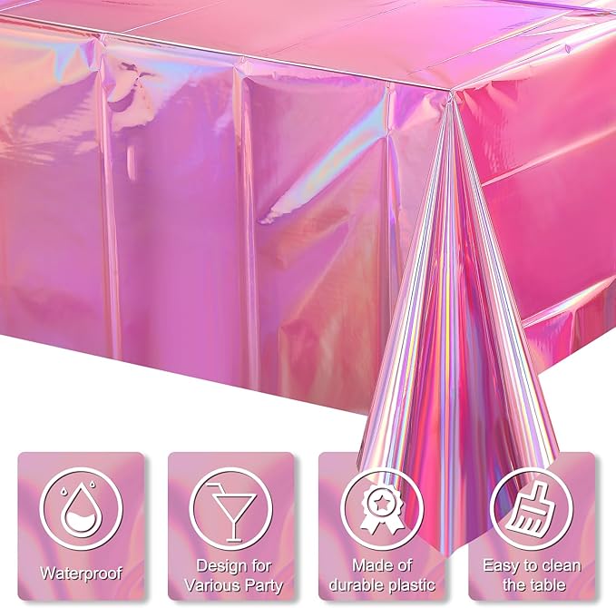 1 Pack Iridescent Pink Plastic Tablecloths, FunnyPars Shiny Disposable Laser Rectangle Table Covers, Holographic Foil Tablecloth Iridescent Party Decorations for Kpop Birthday Wedding Xmas, 54x108Inch