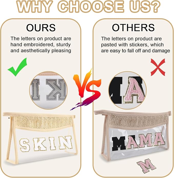 Boho Patch Skin Bag Clear Makeup Letter Bag, Waterproof Zipper Make up Bags Toiletry Pouch for Women Girls, Clear Letter Patch Cosmetic Bags Transparent Organizer Pouch for Travel(Skin, Beige)