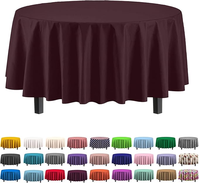 Exquisite Party Solids 6-Pack Premium Plastic Tablecloth 84in. Round Plastic Table Cover - Brown