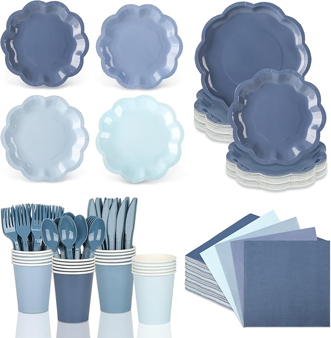 168 Pcs Dusty Blue Paper Plates and Napkins 24 Guests Gradient Scalloped Disposable Tableware Party Supplies Set for Baby Shower Wedding Birthday Garden Tea Party (Dusty Blue)