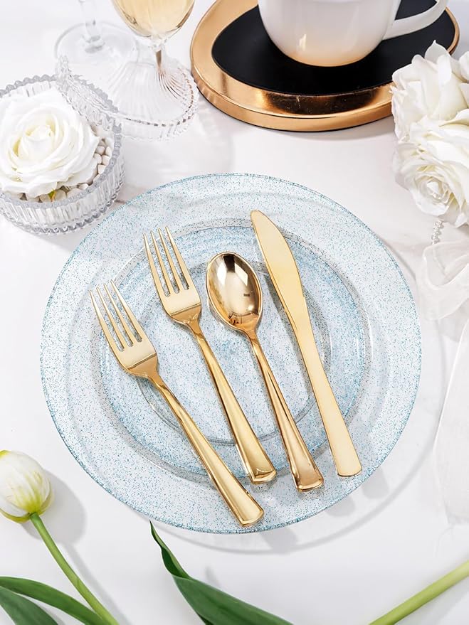 WDF 200PCS Blue Plastic Plates - Blue Glitter Plastic Plates - Heavy Duty Disposable Plates - Include 100 Dinner Plates 10" and 100 Dessert Plates 7" for Parties/Wedding/Graduation/Easter