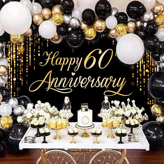 Happy 60th Annverisary Background Decorations Black Gold Backdrop Banner, Large Black Gold Photography Background Suitable for Wedding Anniversary Party Birthday Party Decoration 84 * 60''