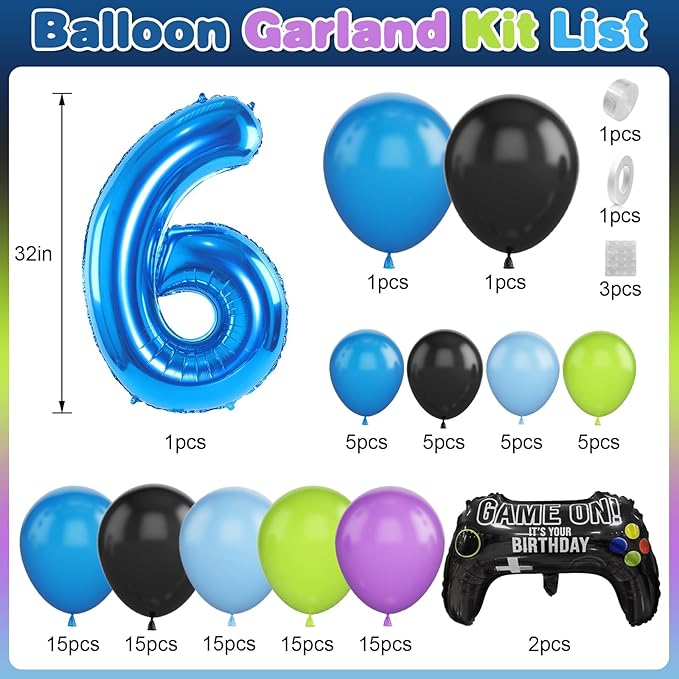 6th Birthday Video Game Balloons Arch Kit, Blue, Black, 101 Pieces, Video Game Themed, Balloon Arch, Decoration, Children (Boys & Girls, Age 6), Unisex