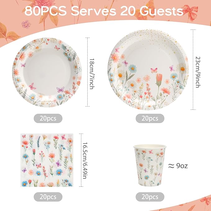 80pcs Floral Paper Plates - Wildflower Plates, Cups and Napkins for 20 Guests Spring Garden Picnic Wedding Tea Kids Birthday Party Supplies Decorations