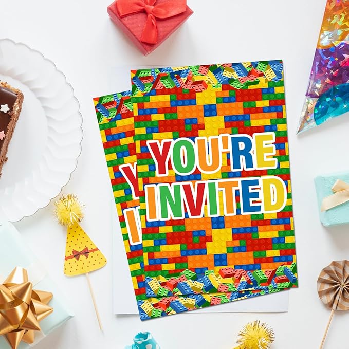 Soiceu Building Blocks Birthday Invitations, Cute Building Blocks Birthday Party Invites with Envelopes Set of 20