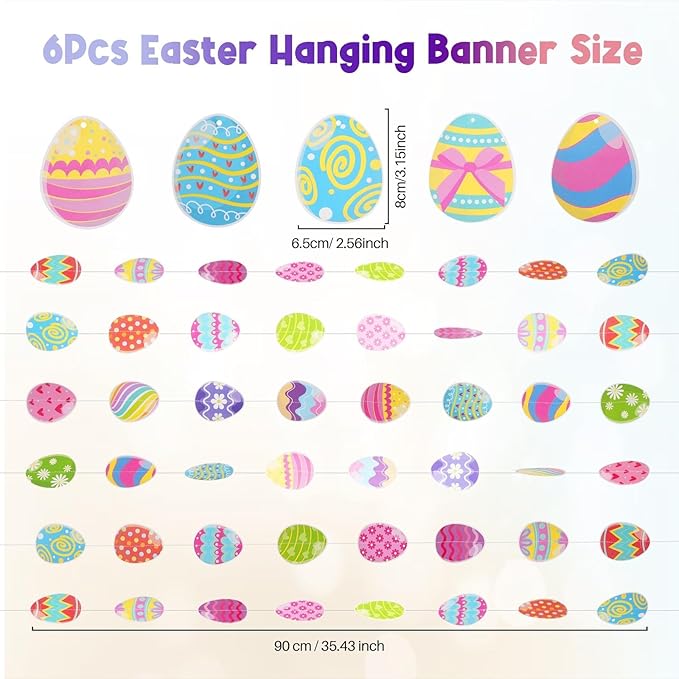AhfuLife Easter Egg Garland Decorations, Happy Easter Paper Banner Party Decorations 6pcs Hanging Eggs for Home Party Favors Supplies