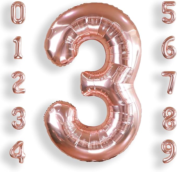 AULE 40 Inch Big Rose Gold 3 Balloon Number Large Foil Helium Number Balloons 0-9 Jumbo Giant Happy 3rd Birthday Party Decorations for Boy or Girl Huge Mylar Anniversary Party Supplies