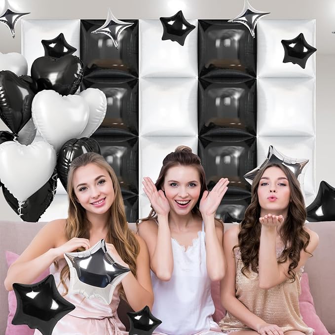50 PCS Black and White Square Foil Balloon Wall, 19'' Double Sided Checkered Balloon Tunnel Arch Kit for Checkerboard Racing Themed Birthday Party, Bachelorette, Decoration