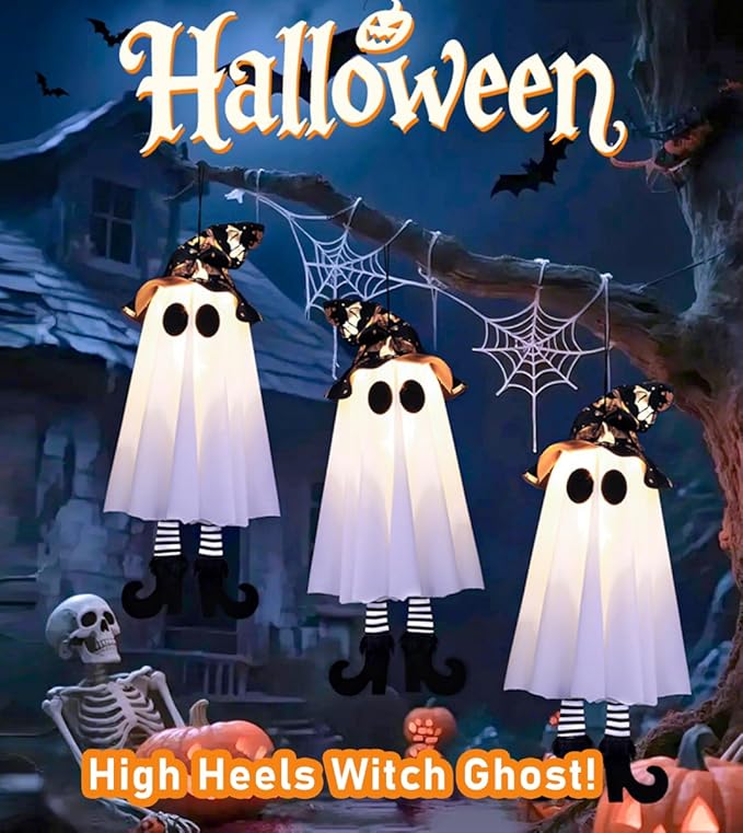 2025 New Halloween Hanging Ghosts, 18" Halloween Decorations Outdoor Hanging Ghosts with Witch Hat,Glowing Witch Hat Ghost with High Heels,for Yard Patio Garden Tree Outside(2PCS)