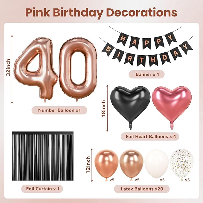 40th Birthday Decorations for Women - Rose Gold, Black and Hot Pink Party Supplies Set with Happy 40th Banner, Number 40 Balloons and Foil Fringe Curtains - 40 Year Old Celebration Kit