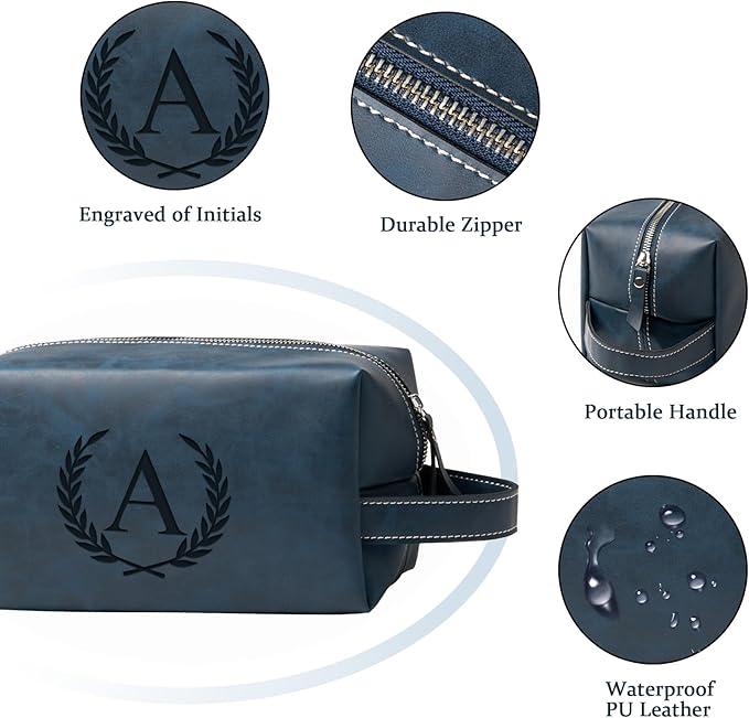 Personalized Gifts Travel Toiletry Bag for Men Engraved Initial PU Leather Waterproof Shaving Bag for Toiletries Accessories Fathers Day Birthday Gift for Men Dad Husband Son, Dark Blue M