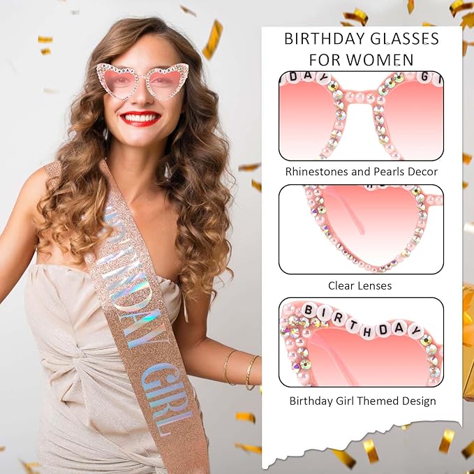 Birthday Girl Sash with Birthday Glasses for Girls and Women Glitter Birthdays Decorations for Women Happy Birth Day Party Supplies