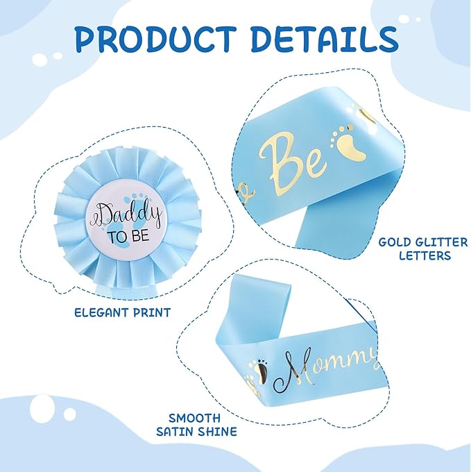 2 Pcs Baby Shower Decorations, Mommy to Be Sash and Daddy to Be Badge Set, It's a Themed Party Supplies for Baby Shower and Gender Reveal Decoracion (Blue 2 Pcs)
