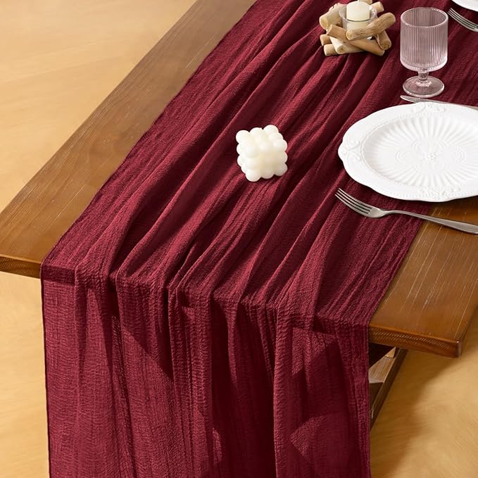 Socomi 6pcs Burgundy Gauze Cheesecloth Table Runner 120 Inch Rustic Boho Cheese Cloth Runner for Wedding Party Baby Bridal Shower Centerpiece Decoration Holiday Home Decorations