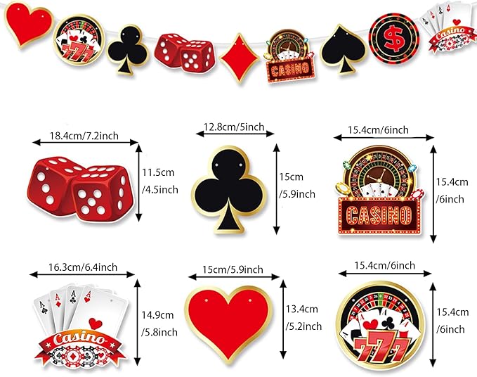 Zwiebeco Casino Theme Happy Birthday Banner Colorful Poker Sign Hanging Paper Party Decorations for Men Women Playing Cards Game Themed Accessories Supplies