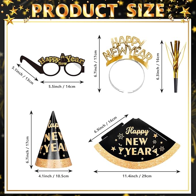 New Years Eve Party Supplies 2026 48 PCS Happy New Years Decoration Hats Glasses Headband for 2026 Party Props Festival Decorations Count Down NYE Party Supplies Favors (Black-2)