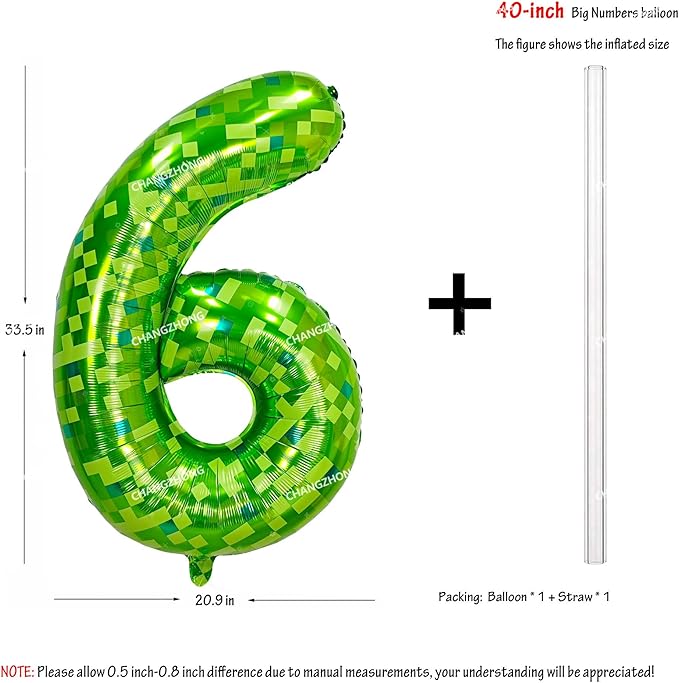 40 inch giant Green pixel miner game number 6 balloon Large mining theme foil balloon 0-9 Suitable for pixel game parties children's birthdays party anniversary celebrations baby shower decoration