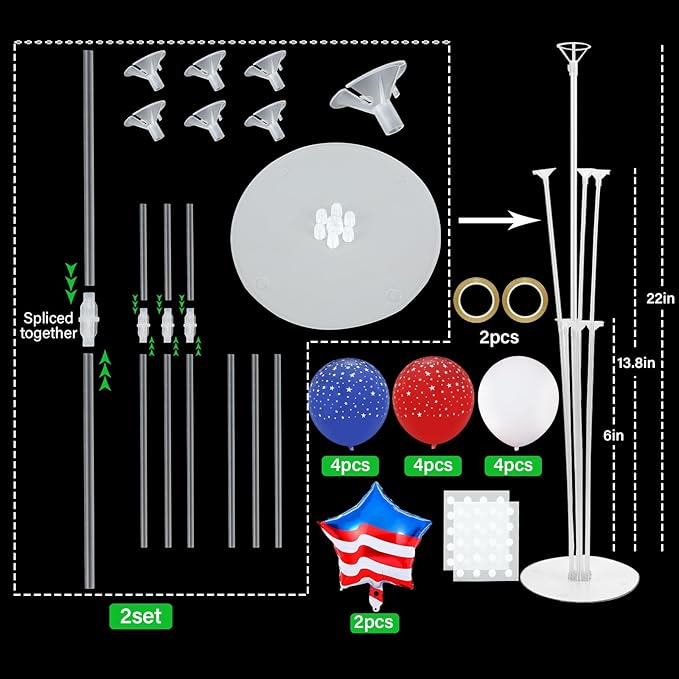 4th of July Balloons Stand Kit 2 Sets with 2 America Flag Star Foil Balloon Patriotic Red White and Blue Party Balloon Centerpiece for Tables for Memorial Day Party Independence Day Themed Decorations