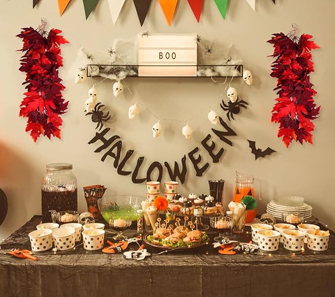 Halloween Garland Decor Indoor Table Decorations Fall Wall Hanging Artificial Black Maple Leaf Vine Decorations for Home (2 Pcs Red, Set)