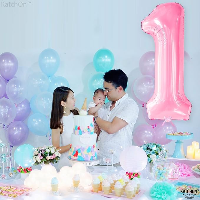 KatchOn, Light Pink 1 Balloon Number - 40 Inch | Number 1 Balloons for 1st Birthday Party | Pink Number Balloons, First Birthday Decorations For Girl | 1 Balloon for Happy Anniversary Decorations