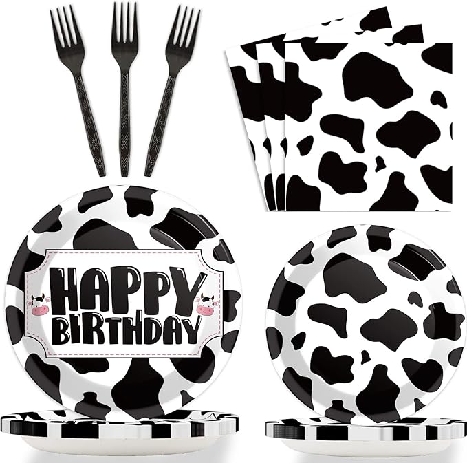 Wiooffen 96 Pcs Cow Print Birthday Party Supplies Farm Animal Cow Print Plates and Napkins Cow Party Tableware Set Cow Themed Party Decoration For 24 Guests