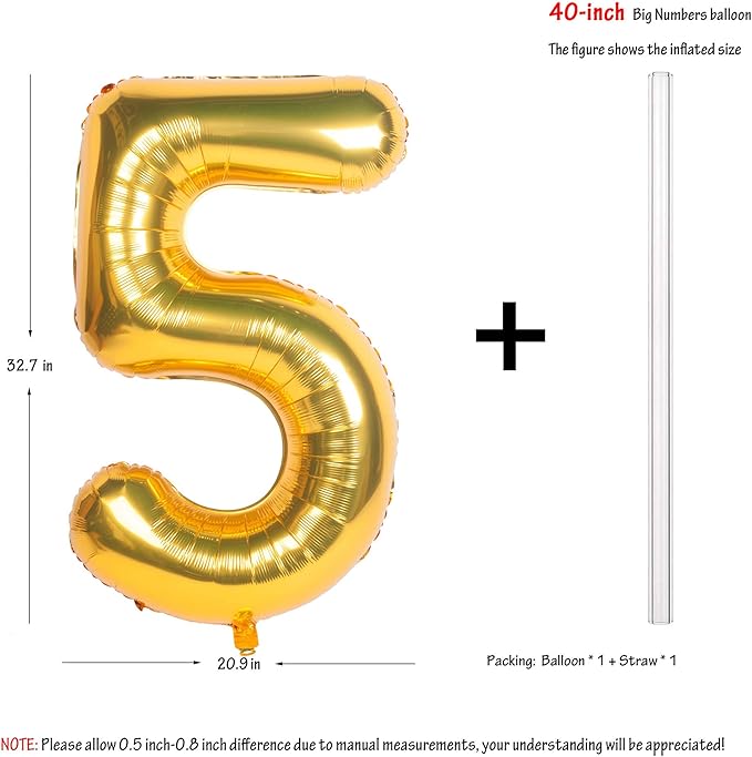 40 Inch Large Gold Number Balloons 5 Aluminum Foil Mylar Big Number Balloons 0-9 Suitable for Gold Birthday Parties, Weddings and Anniversary Photography