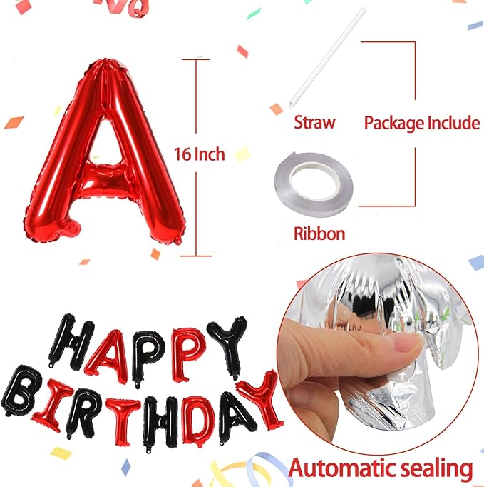 KALOR Black and Red Happy Birthday Balloons Banner, 16 Inch Mylar Foil Letters Balloon Sign for Birthday Party Decorations Photo Booth Backdrop