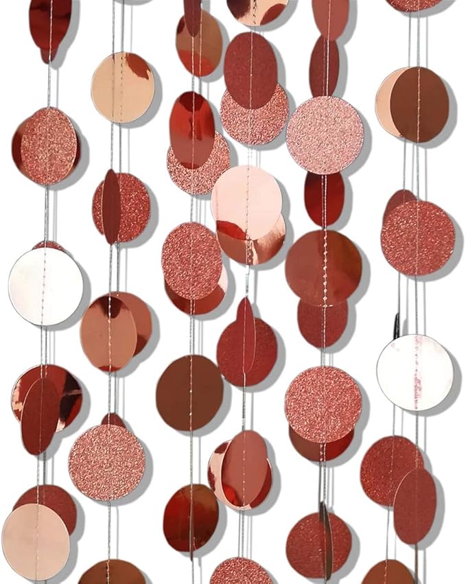 TTSAM 6 Pcs Rose Gold Paper Circle Dots Garland, 52 Feet, Perfect for Birthday, Bachelorette, Engagement, Wedding Parties, Reusable, Pre-strung