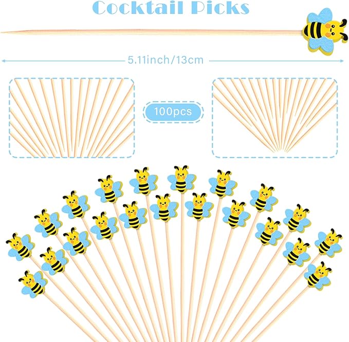 100Pcs Bee Cocktail Picks Cute Honeybee Theme Baby Shower Springtime Decor Long Toothpicks Fruit Sticks Skewers for Appetizer Charcuterie Food Garnish, Spring Decorations Themed Party Supplies