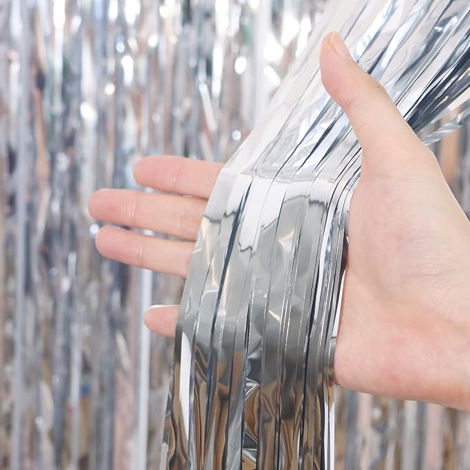 3.3 x 6.6 ft Foil Fringe Backdrop Curtains, Tinsel Streamers Party Decorations, Fringe Backdrop for Birthday, Baby Shower, Gender Reveal, Graduation (9, Silver)