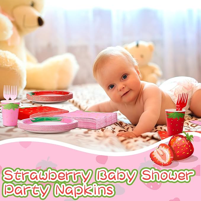 200 Pieces Strawberry Party Tableware Set Strawberry Plates Napkins Forks Cups Party Supplies Sweet Red Pink Baby Shower Birthday Decoration for Guests