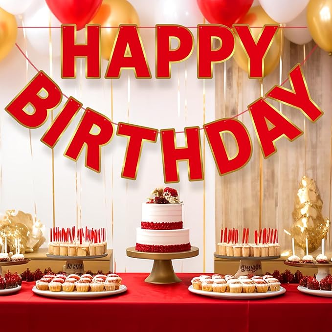 Happy Birthday Banner - 9ft Pre-Strung Happy Birthday Sign for Women, Men, Girls, Boys - No DIY Birthday Decorations & Party Supplies(Red)