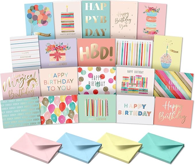 Sweetzer & Orange Happy Birthday Cards with Envelopes & Assortment Box. Variety Set of 20 Assorted Birthday Cards with Envelopes, Perfect Bulk Pack for Celebrations, Special Occasions, Friends