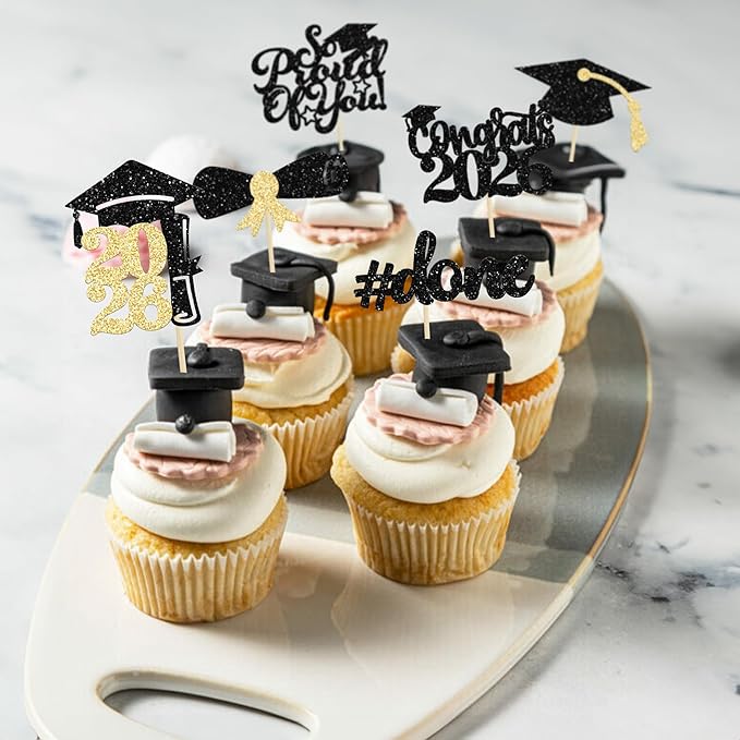 Gyufise 24Pcs Black Glitter 2026 Graduation Cupcake Toppers Glitter Congrats Class of 2026 Diploma Done Grad Cap Cupcake Picks So Proud of you Cake Decorations for 2026 Graduation Theme Party Supplies