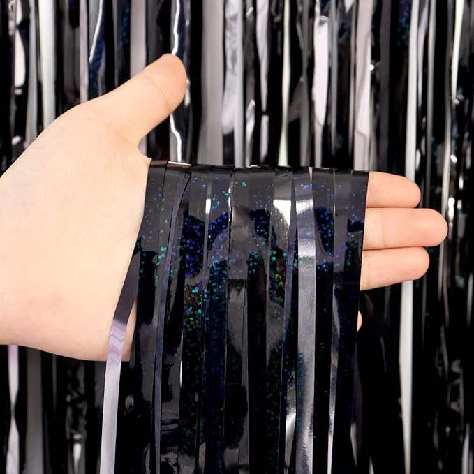 Black Tinsel Foil Fringe Curtain Backdrop, 3.3 x 8.2 ft Metallic Glitter Curtain Streamers, 2 Pack Black Photoboth for Birthday Halloween Bachelorette Party Decorations Photo Booth