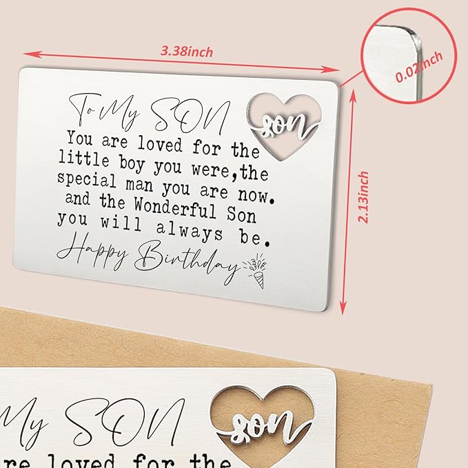 YODOCAMP To My Son Happy Birthday Wallet Insert, Stainless Steel Laser-Engraved Postcard with Heart Cutout, Sentimental Birthday Gift for Son from Parents, Inspirational Pocket Keepsake Card QBK05