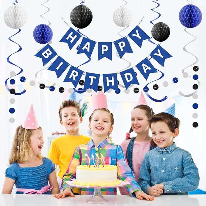 Blue Birthday Decorations,Blue and White Happy Birthday Banner with Honeycomb-Style Decorative Balls,Feet Circle Dot Garland,Stars Swirls Streamers,Blue Birthday Decorations for Men Women Boys Girls